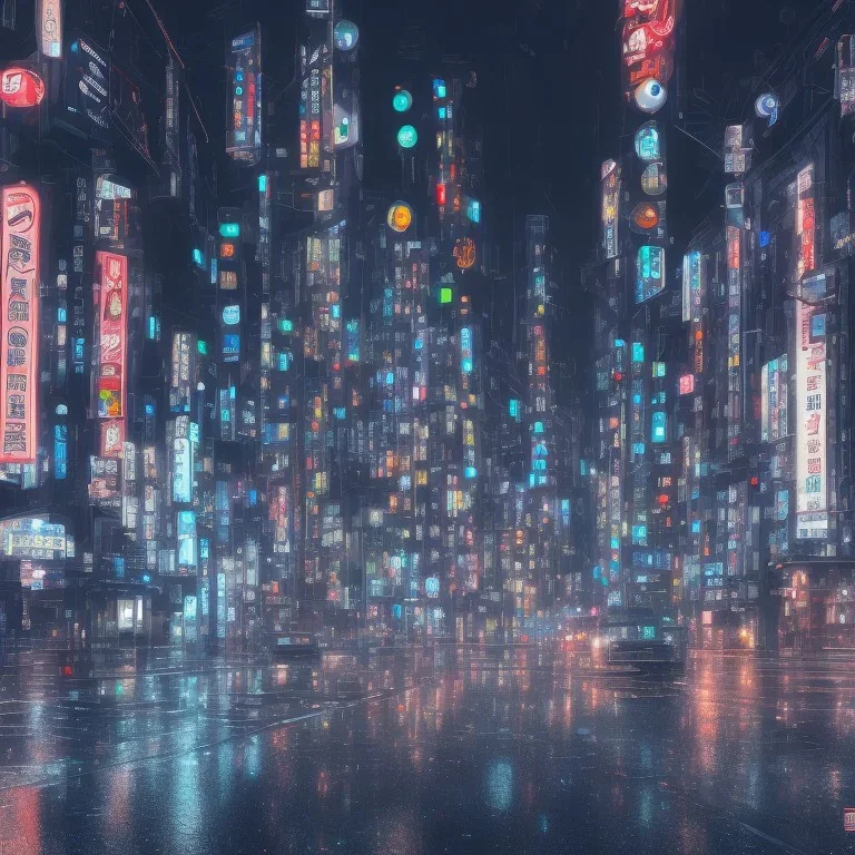 futuristic tokyo on a rainy evening