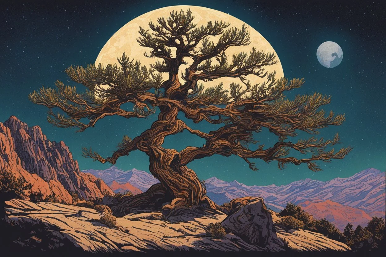 museum quality color woodcut of an ancient Bristlecone Pine , atop a rocky plateau ,high in the mountains under moonlight, in the style of Gustave Baumann, with a fine art aesthetic, highly detailed, finely cut ,8k render, reverent and sacred atmosphere