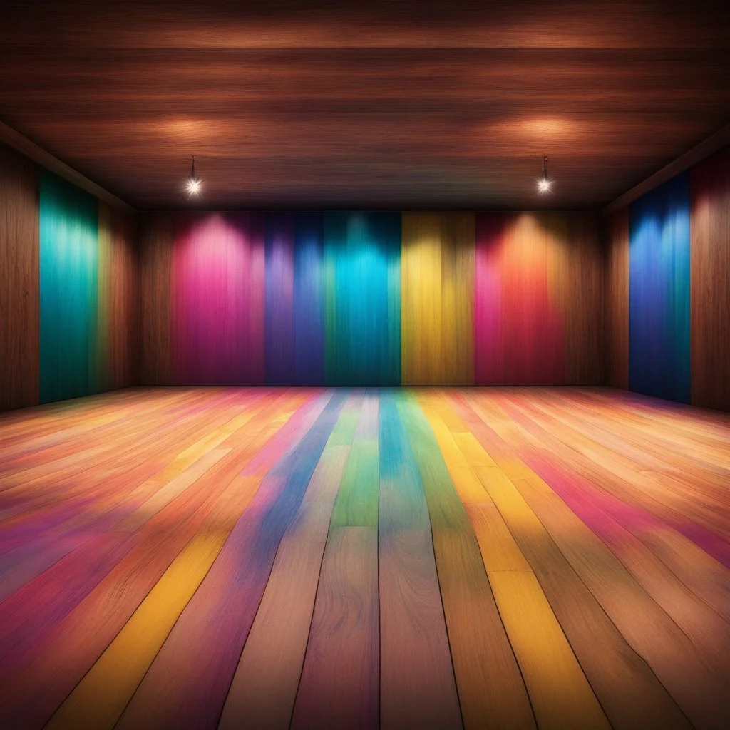 Central Symmetrical View Of A Colorful Wooden Floor & Wooden Wall With Colorful Brush Strokes In An Empty Room With Colorful Stage Lights.