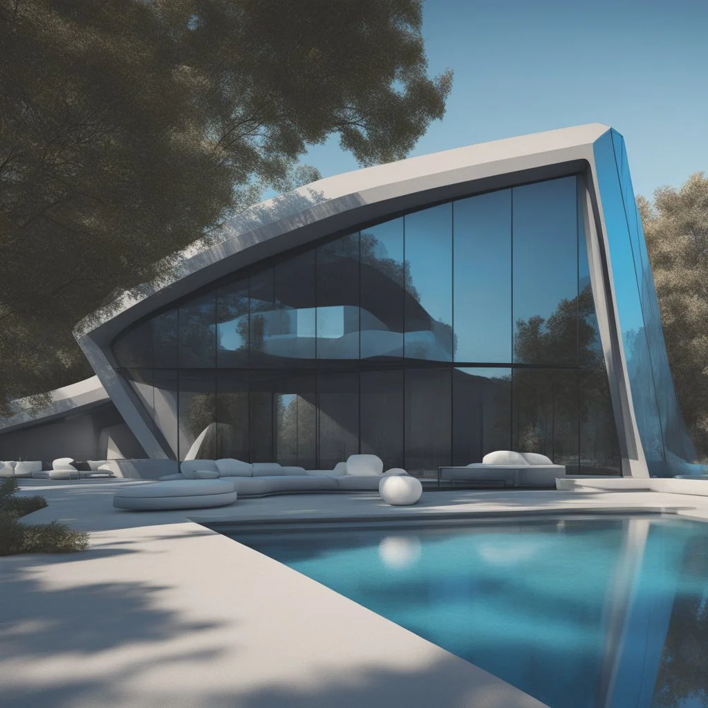 Casa campestre de cristal, estilo Zaha Hadid, ventanas de vidrio azul, Arte digital, calidad ultra, 8k, 3D