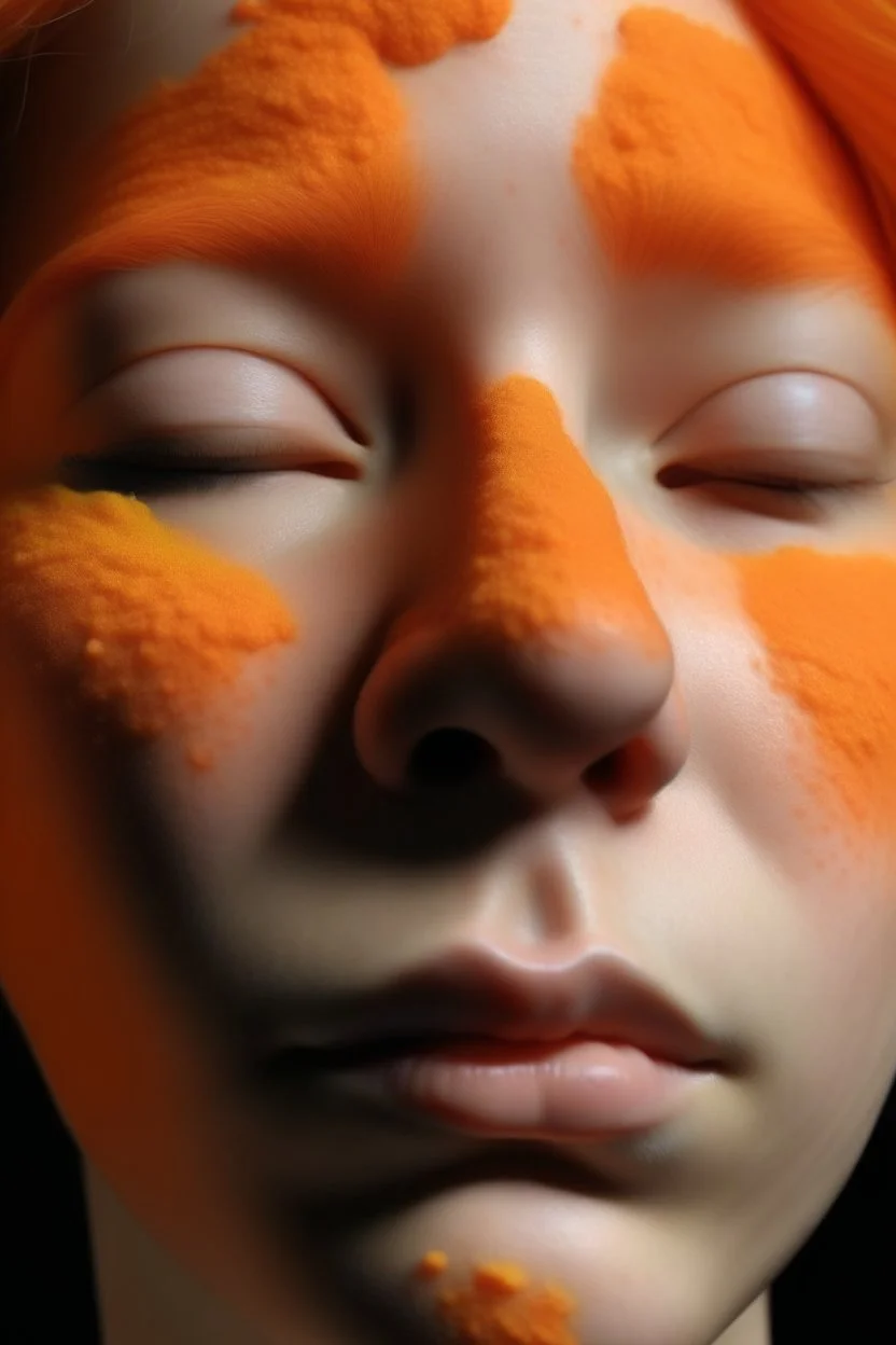 Girl face (eyes closed) with indigorubber effect in all face with orange sponge hair