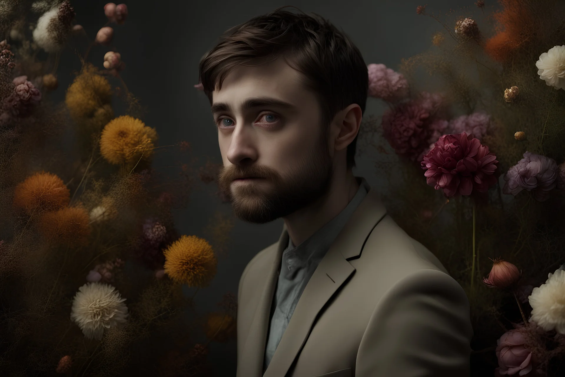 Techwitch, male beard Daniel Radcliffe, spellbinding closeup face portrait, minimalist, celestial tranquility, in the style of avant garde fashion photography, dramatic light, striking rainbow, harmonious composition, conceptual fantasy, intricate details, secret garden flowers, Jeff Wall, Marta Bevacqua