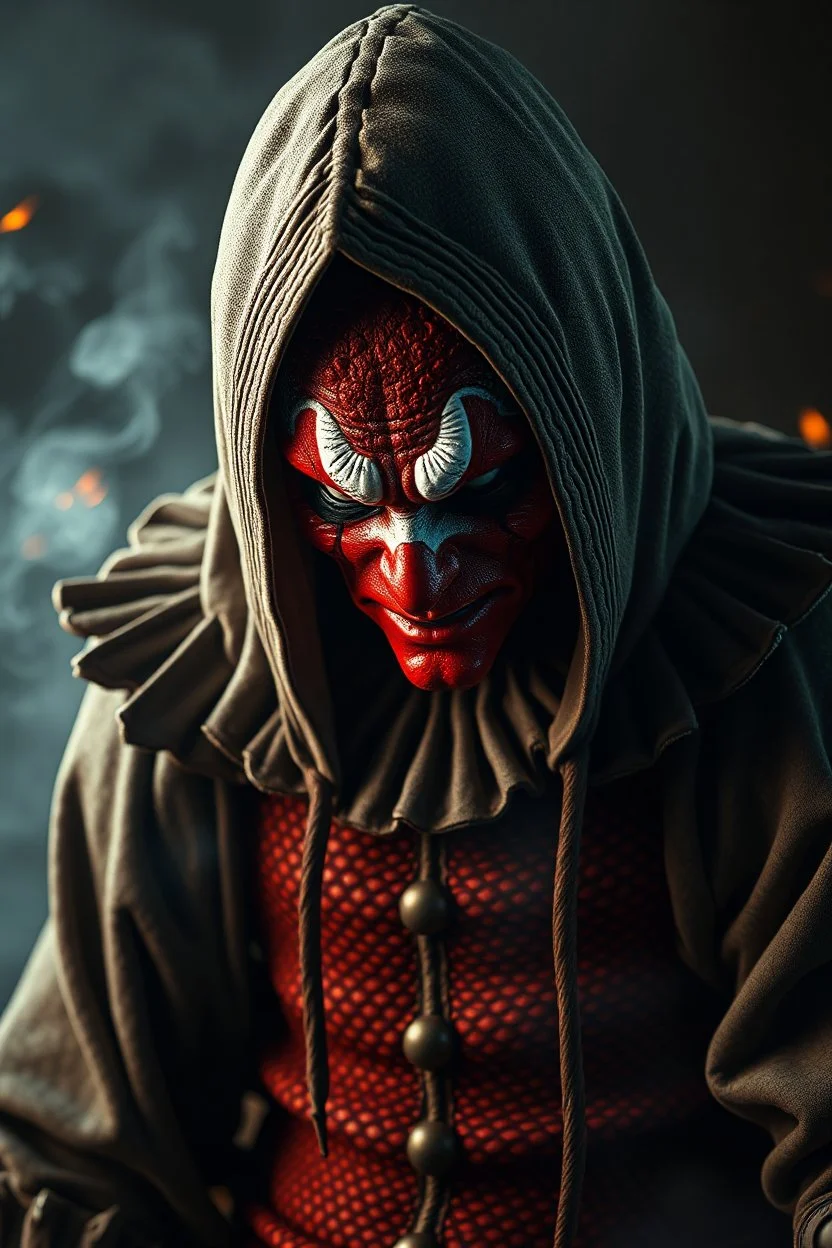 A sad hooded clown , red skin, scales, unreal engine 6, high detail, intricate, cinematic. photoshoot style, intricate, studio lighting, Fire, smoke, masterpiece , highly detailed, 8k, best quality, dramatic,d,<lora:mshn:0.7>,<lyco:Warrior_Couture:0.5>,