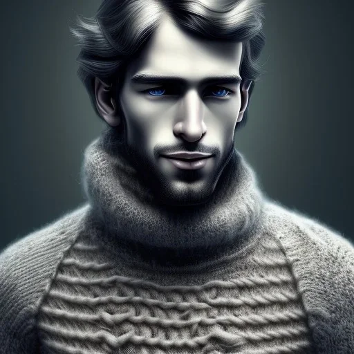 a picture of a slim and well-proportioned nerdy man who is sneaky and shabby with a stable and dry hairstyle waring a woolen sweater