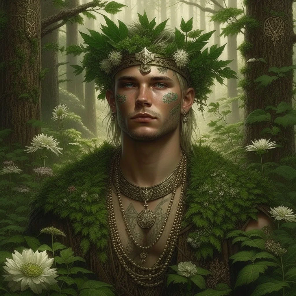 Pagan town, viking art, male, highly detailed with lush forests, green leafs, flowers, pagan temple with runes, high resolution, 24k, ornate, intricate, complex, digital painting, smooth, art by royo and tom bagshaw