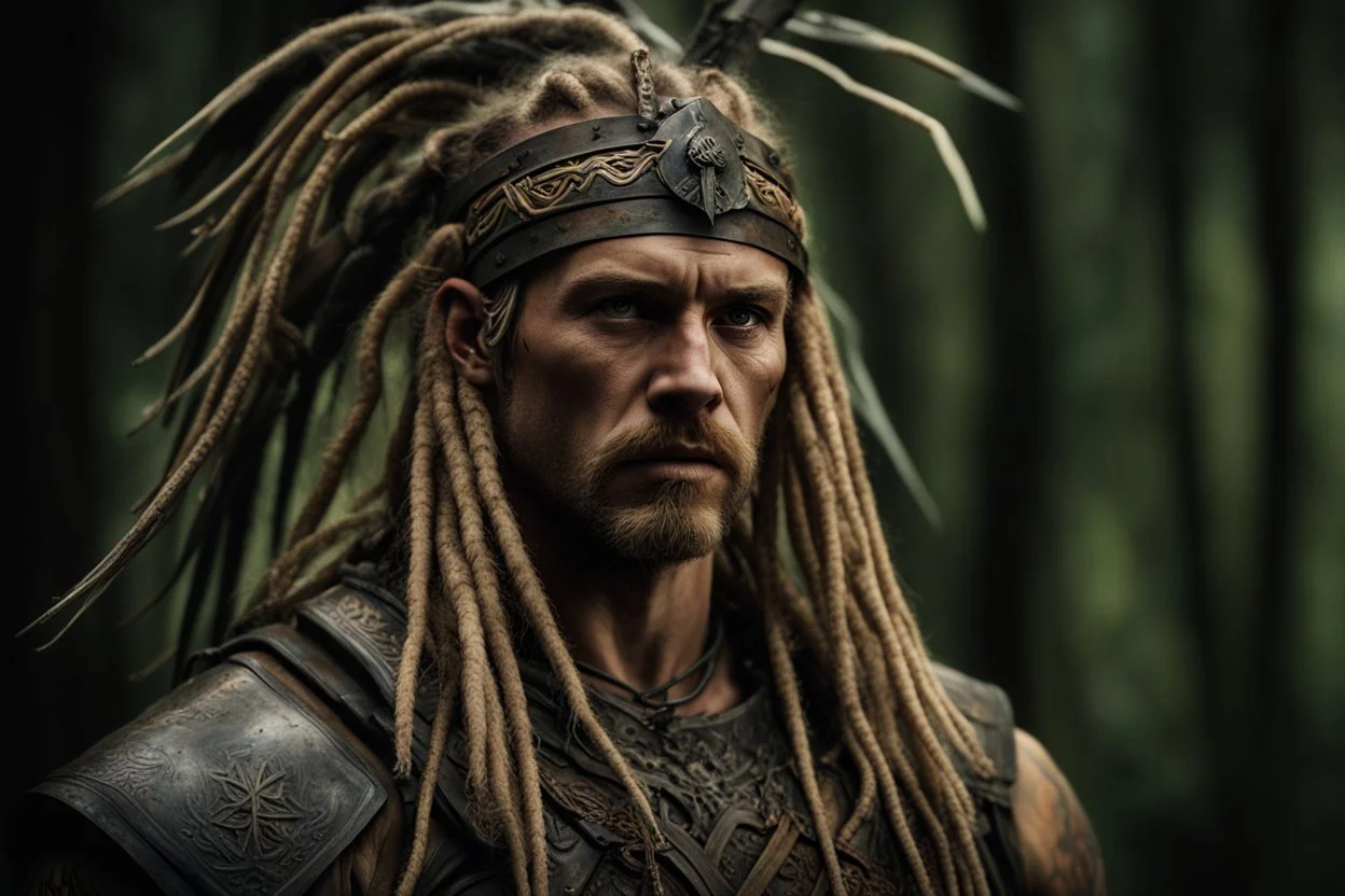 photorealistic portait of henry cavell as modern warrior with blonde dreadlocks tribal tattoos dark fantasy dark forest