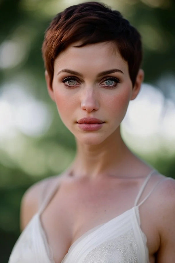 Prompt 32k uhd, a close up portrait photo of 18yo, mix christina hendricks molly quinn alexandra daddario, short haircut, tanned skin, hyper muscular body, background is city ruins, (high detailed skin:1.2), 8k uhd, dslr, soft lighting, high quality, film grain, Fujifilm XT3