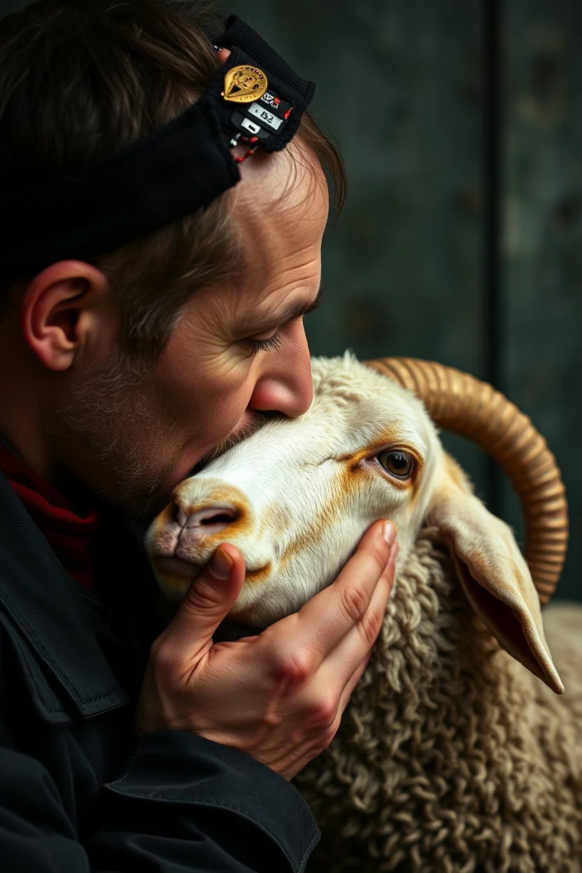 a portrait of a broken head mechanic, kissing a hybrid mixed body part sheep