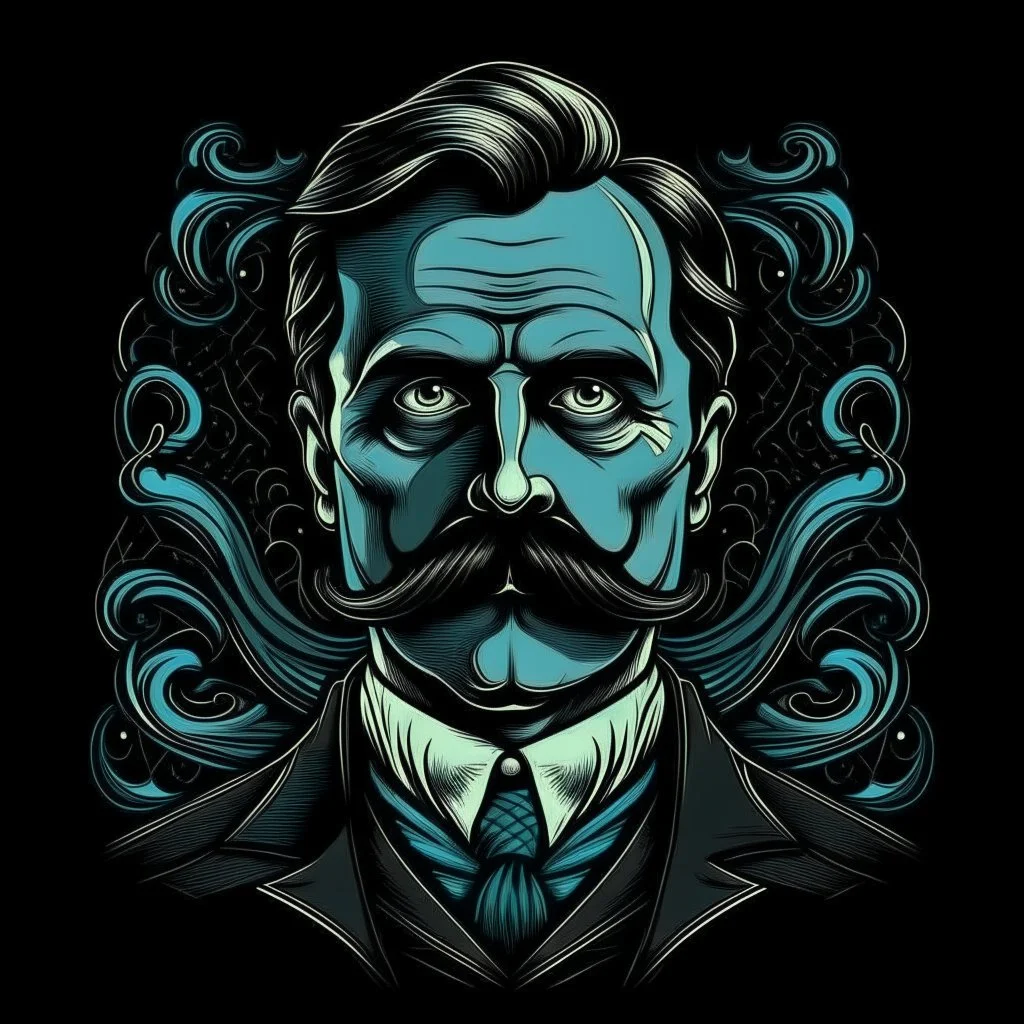 Best quality, masterpiece, ultra high definition,Futuristic, cyberpunk, Friedrich Nietzsche, Friedrich Nietzsche mustache, Comic style