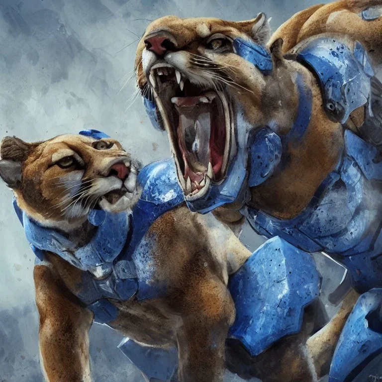 A painting of an angry cougar in full blue and white armor, Inka jungle background, American football on ground, highly detailed, digital painting, Artstation, concept art, matte, sharp focus, illustration, dramatic, Blizzard concept art