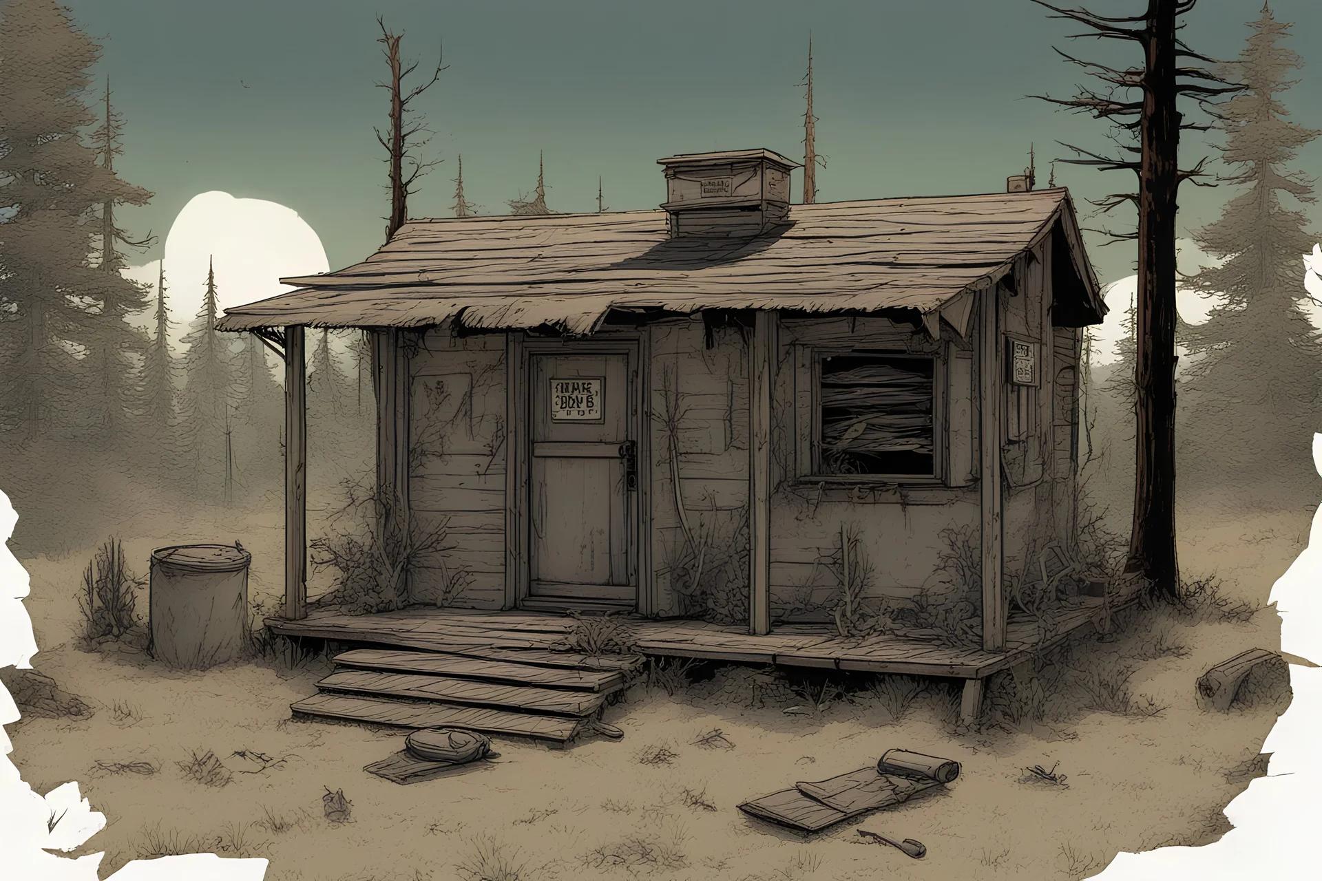 Lodge, administrative cabin, overgrown, post-apocalyptic, comic book, camp site signs