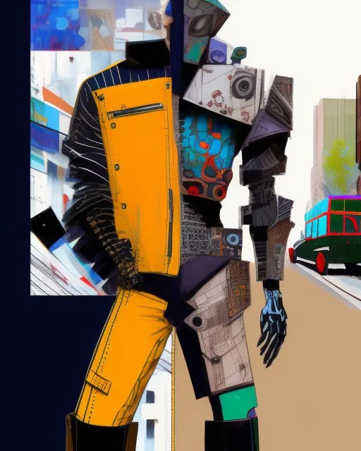 whimsical arafed nonsense, patchwork vibe, (((side view))) two arafed cyberlords fighting each other in a rainy whimsical downtown street with extreme body action and with (((exaggerated body parts))), (((oversize head))), sharp color contrasts, amazing shadows, (((exaggerated limbs and head))), minimal cozy, warm palette, bright bold warm summer colors with yellow orange black colors, color leak, heavily distorted views, amazing parallels, extreme urban decay