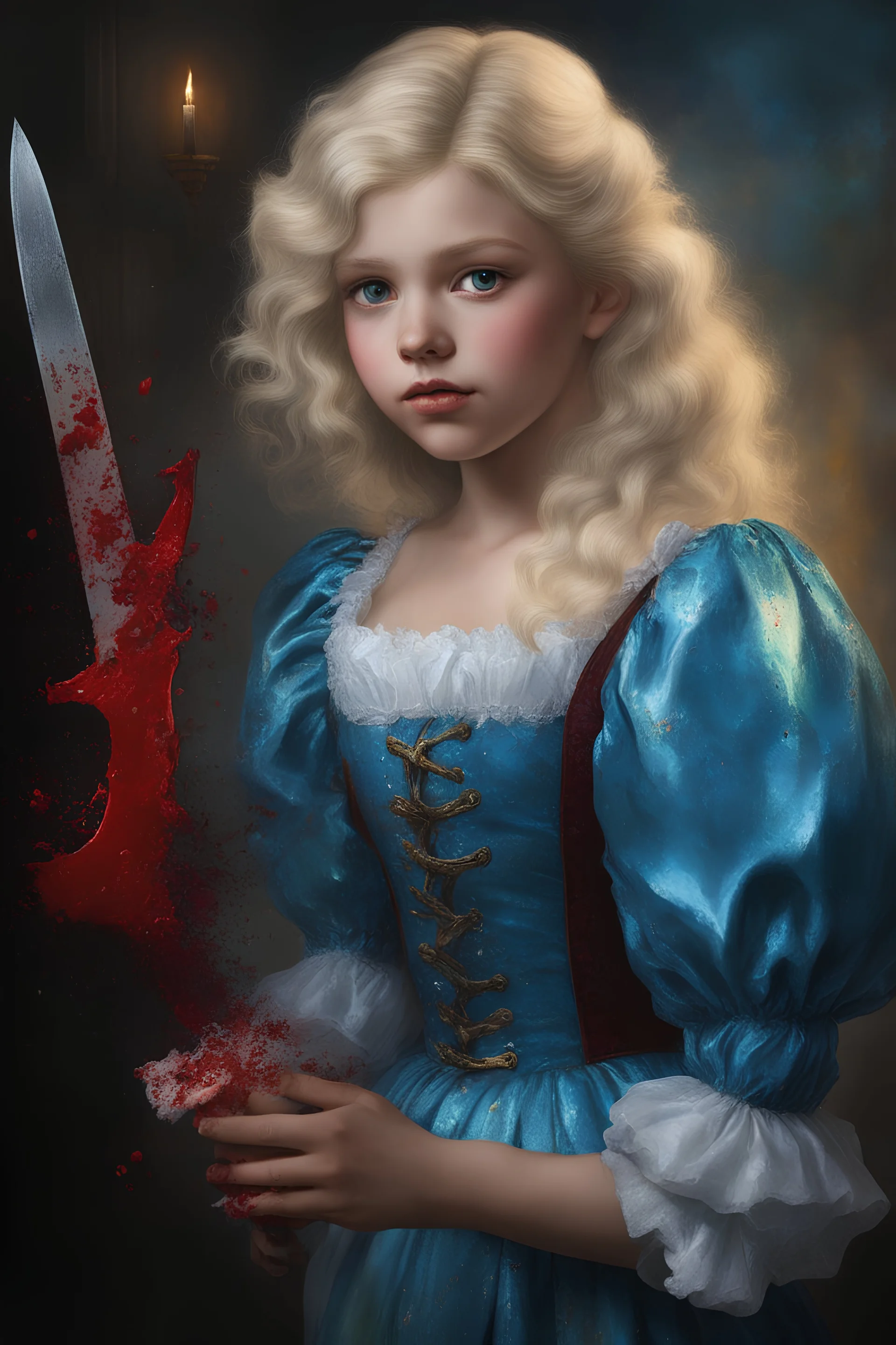 full body image, head to toe, chiaroscuro, deep shadows, rich deep colors, Iridescent light, highly detailed portrait, Oil on Canvas by Thomas Kinkade - The Evil, homicidal13-year-old Cinderella with Bleach-blonde hair holding a bloody cleaver - 4k UHD, Ultra-realistic, Hyper realistic, Photorealistic, Realistic, absolute Reality