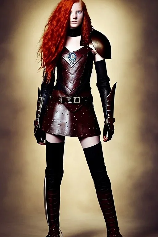 surreal, concept illustration, super-detailed, beautiful teen female who is 16 years old with long ginger hair and freckles with full lips,, full body, full face, athletic, centred camera, ignore NSFW, skimpy brown fantasy leather armor, halter top, thong, knee-high leather boots, open leather skirt, stern expression, cute pose