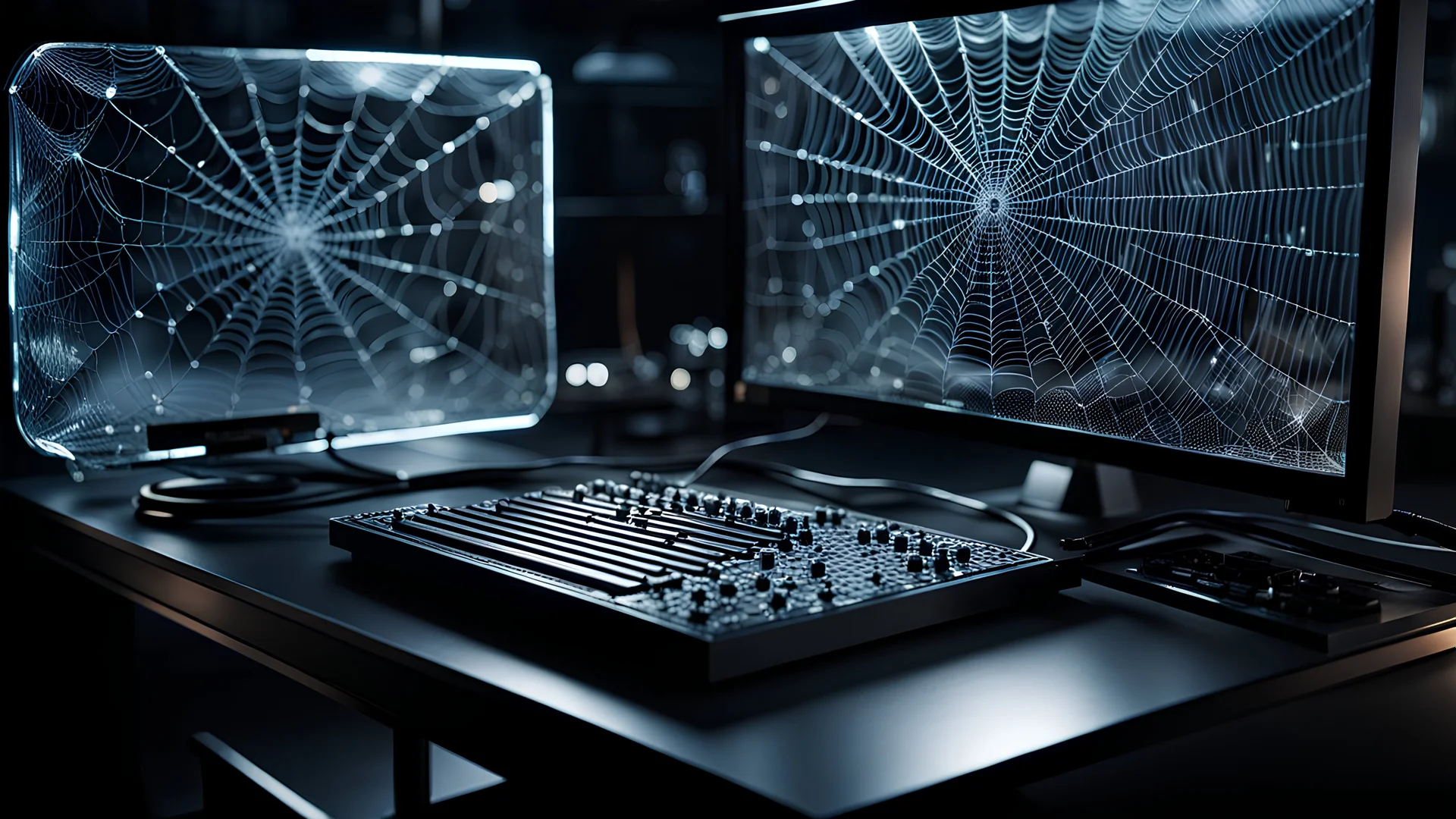 Ultra-realistic prototype 3D computer monitor made of experimental touch-screen glass, showcasing detailed close-ups capturing the delicate intricacies and patterns of spiderwebs, sitting on a laboratory desk, at night, dimly lit cinematic background.