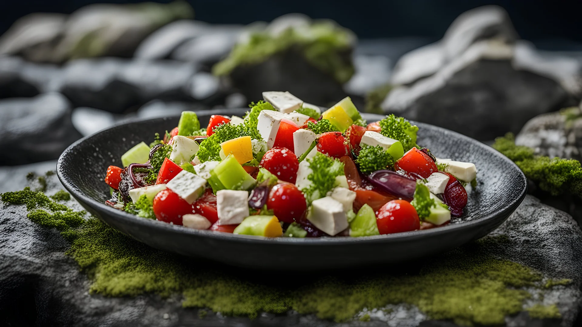 A dish with Greek salad,on a wet rock,moss,dark background,dramatic scene, close up shot