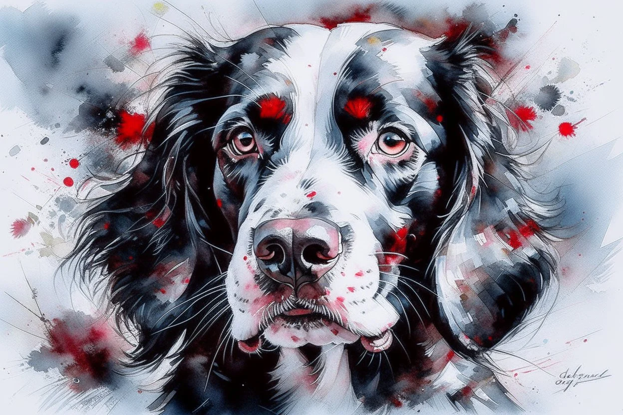 A portrait of a springer spaniel by Agnes Cecile by Willem Haenraets, loose watercolour, wet on wet and splattering and dripping techniques, centred, perfect composition, abstraction,
