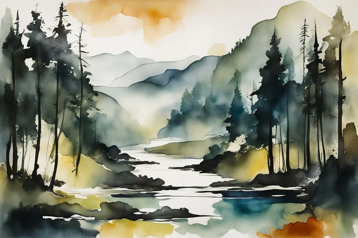 an abstract, dramatic, ink wash and watercolor painting of a lush Pacific Northwest forested river valley landscape, in the style of Helen Frankenthaler, and Sam Lewis Francis, bold ink outlining, rich natural colors, museum quality masterpiece