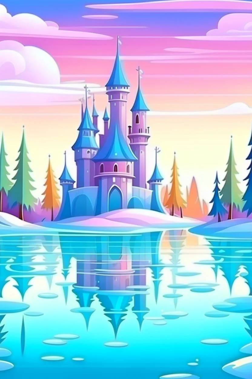 cartoon illustration: a large beautiful frozen lake and next to the lake is a magical castle