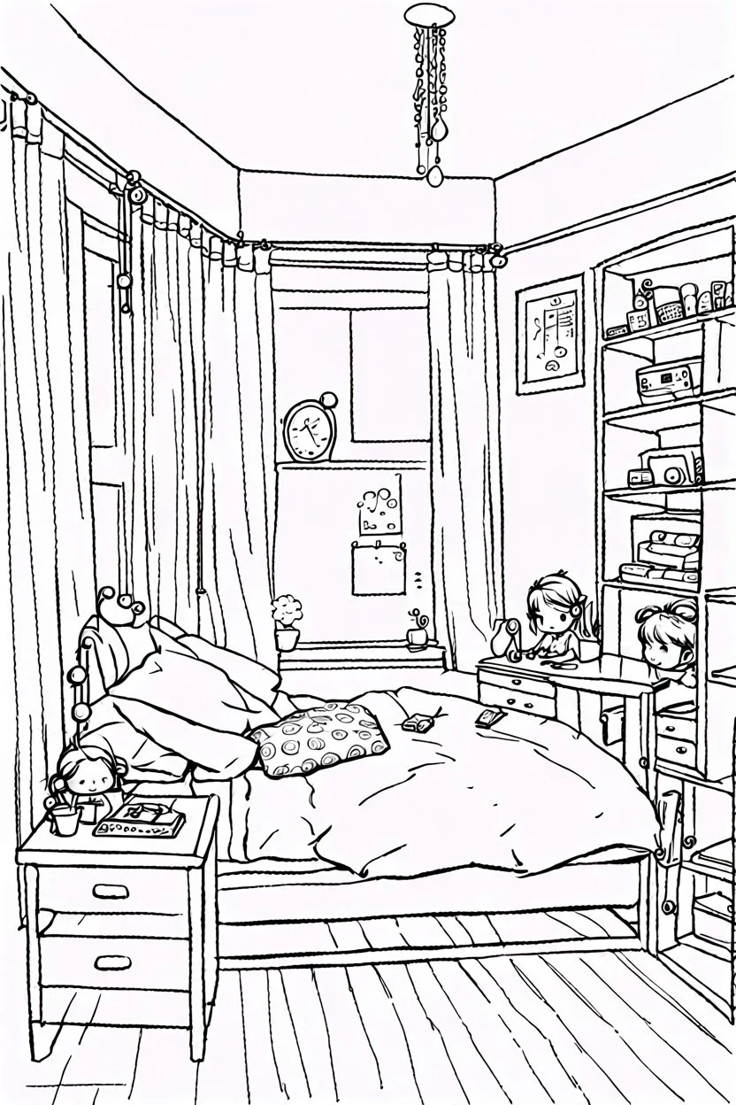 girl bedroom, line arts, manga style