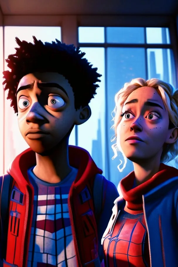 a brother and sister with their spiderman suits on with spider man into the spiderverse style