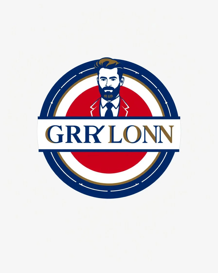 A circular logo with a vector of a groom in a suit at the top of the logo in a blue, red, white and gold color theme.