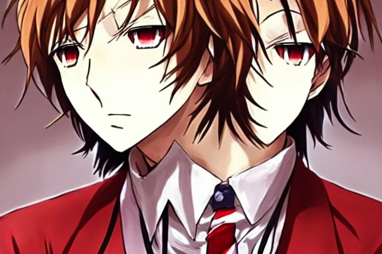 Detailed pretty anime boy, brown hair with blonde strips, keep head in frame, headshot, glaring, brown eyes, covered in bandages, looking serious, illustration, digital painting, only one character, color scheme red, wearing many bandages, Osamu Dazai inspired, anime inspired, manga, dazai, red hair, Chuuya, pretty, scruffy, angry, brooding, manga inspired, small nose, long lower eyelashes, handsome, widows peak, headshot, glaring, cute, wearing a bandage on neck, small nose, scruffy hair