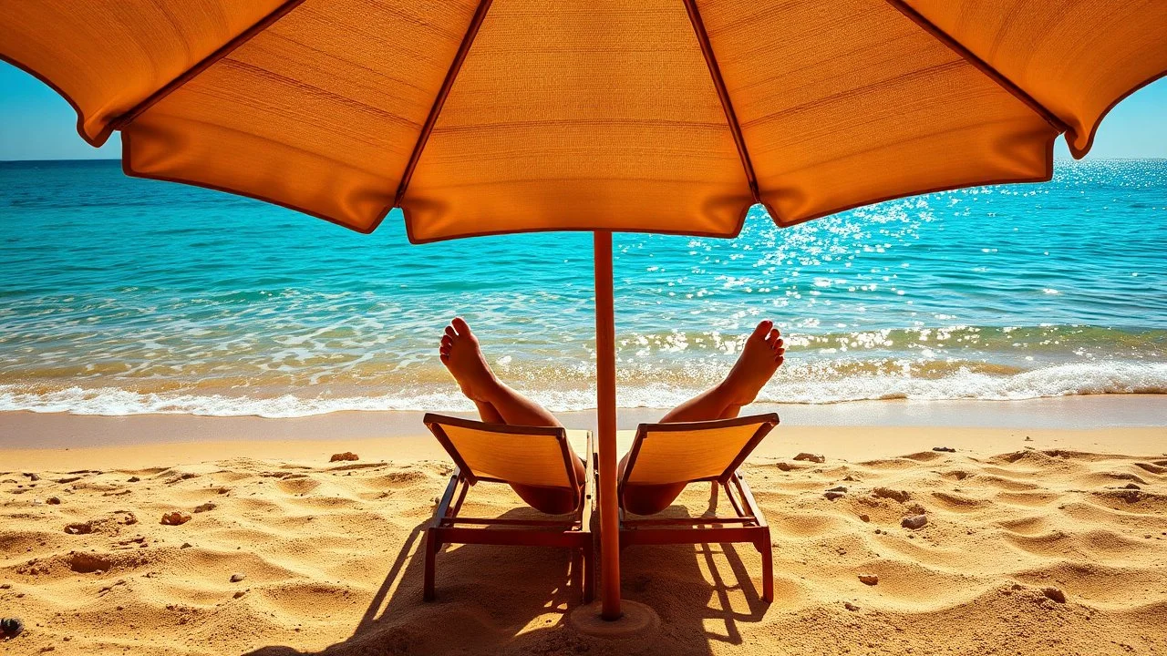 Mediterranean beach, sun lounger facing the sea, human body hidden under umbrella shade, legs extending into bright sunlight, strong shadow geometry, dramatic light and shadow contrast, turquoise sea, golden sand, sparkling water reflections, vibrant summer colors, crisp shadow edges, photorealistic, travel photography, HDR, cinematic lighting, ultra detailed, 8k, shallow depth of field --ar 16:9