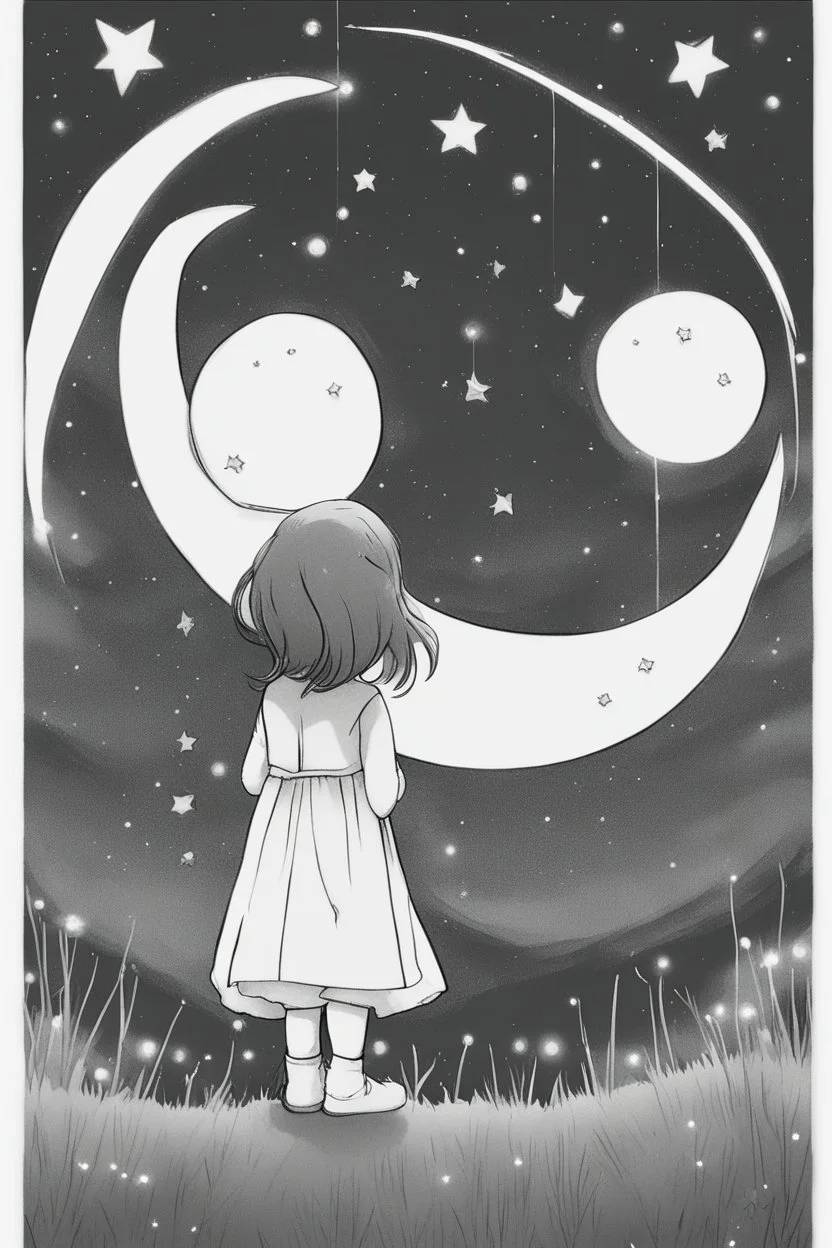 A little girl gazing at the night sky filled with stars and crescent moons. Incorporate stars of different sizes and crescent moons for a dreamy scene..,very happy , Colloring page for todlliers ; basic hawali style cartoon , black and white , ink outlines , , smooth , anime style , minimalist , cute eyes , full body , white shose , sketchbook , realistic sketch , free lines , on paper , character sheet , clean line art high detailed