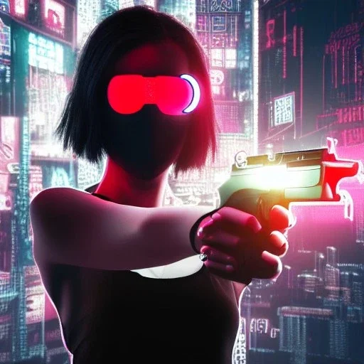 girl pointing gun, metal skin, neon eyes, red lips, on her keen, menacing, cyberpunk city in background, hyper realistic