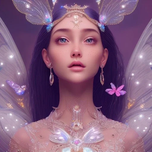 one big crystal subtle in a galactic ambiance with a beautiful girl with butterfly wings, transparent flowers, delicate colors, smile,soft light atmosphere, smooth, extremely sharp detail, finely tuned detail, ultra high definition, 8 k, unreal engine 5, ultra sharp focus