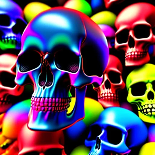 a picture of a dark, comedic, anatomically correct wall of colorful tightly packed stacked skulls of varying sizes and expressions, photo realistic, insanely meticulous, highly detailed, part of a collection of bones on display, 64k, dystopian, vray, cartoonish, cartoon character skulls