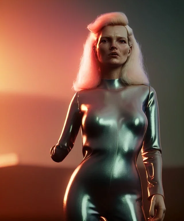 retro sci-fi portrait image from 1980, supermarket parking explosions, fire, scared people, blonde woman walking, sweet Kate moss face, tight latex suit, soft color, highly detailed, unreal engine 5, ray tracing, RTX, lumen lighting, ultra detail, volumetric lighting, 3d, finely drawn, high definition, high resolution.