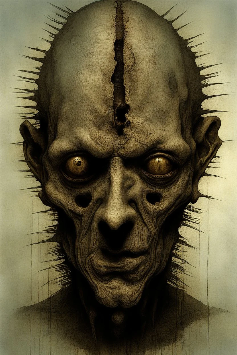The face of a prisoner man with iron lucked on his mouth . Scary face , decayed and rotting with grotesque proportions and imagery. abstract grotesqueries, detailed texture, surreal horror, biomechanical design, by hr giger and beksinski