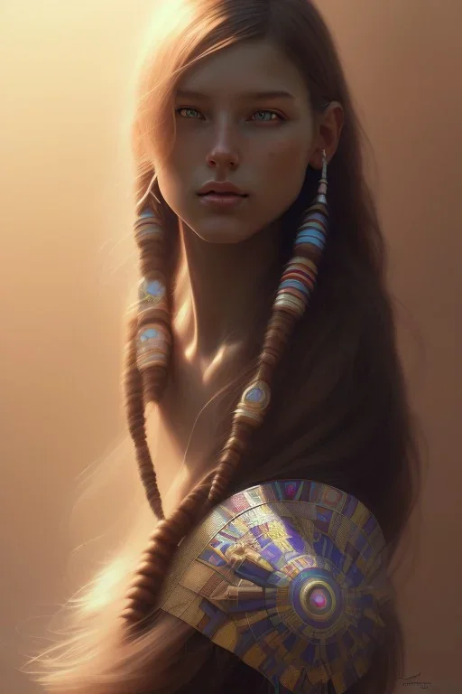 girl, cute, beautiful, Native American, head and shoulders portrait, 8k resolution concept art portrait by Greg Rutkowski, Artgerm, WLOP, Alphonse Mucha dynamic lighting hyperdetailed intricately detailed Splash art trending on Artstation triadic colors Unreal Engine 5 volumetric lighting, long hair, brown eyes, black hair