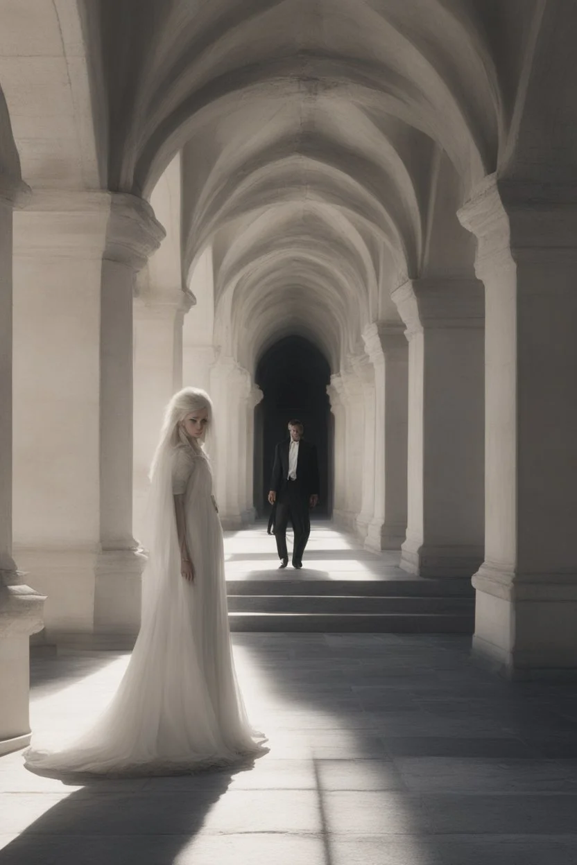 Woman with white hair wearing a white dress, walking down a sunlit stone hall, AND a handsome man in the background lurking in the shadows with long black hair