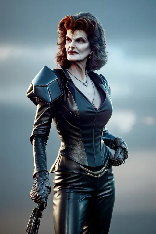 Rene Russo as evil queen in leather, cleavage, angry, stern look, unreal 5, octane render,cinema4d, dynamic lighting, dramatic lighting, 4k, redshift render, highly detailed, hyper realistic