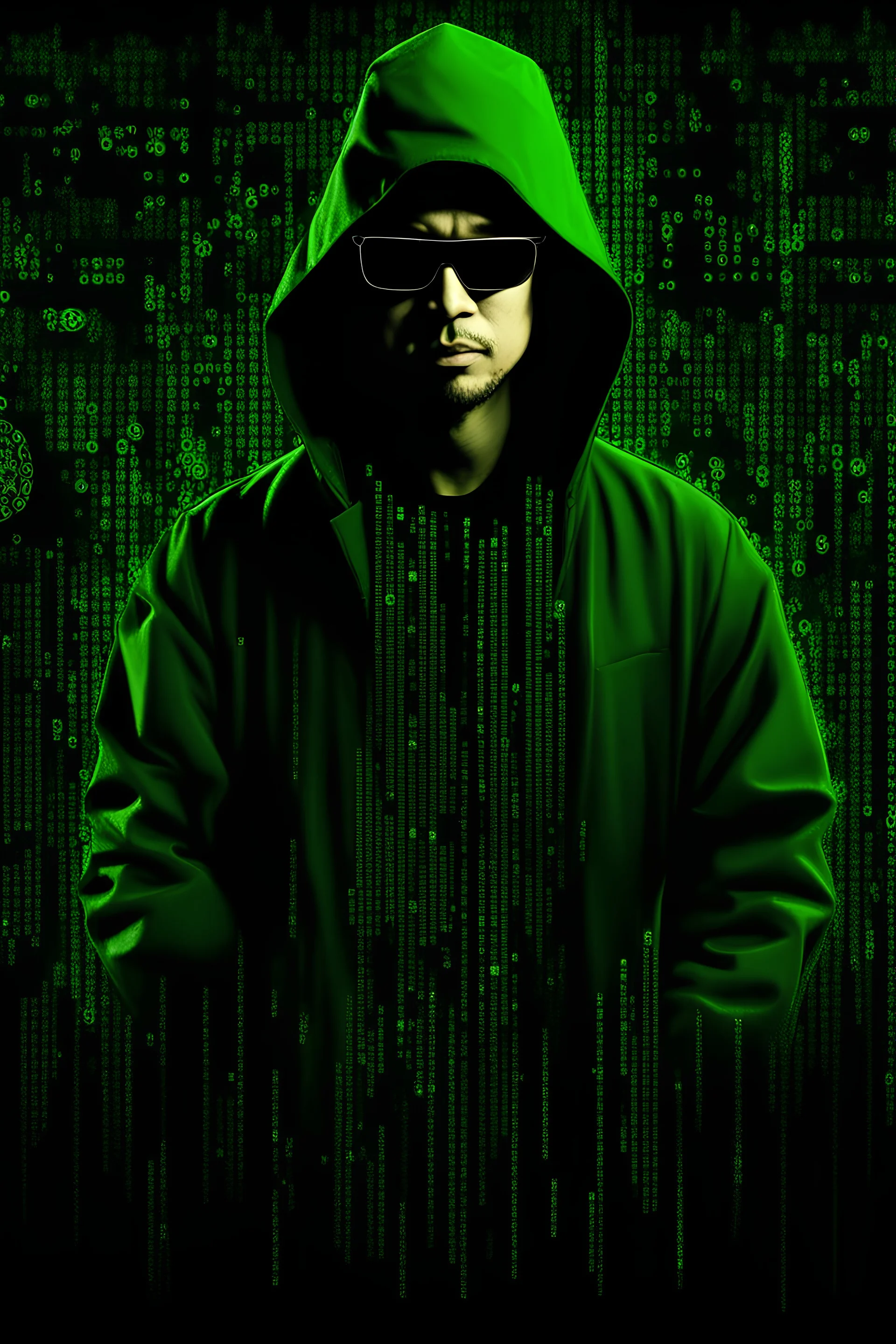 Image that show the bitcoin inventor Satoshi Nakamoto with hacker green matrix background