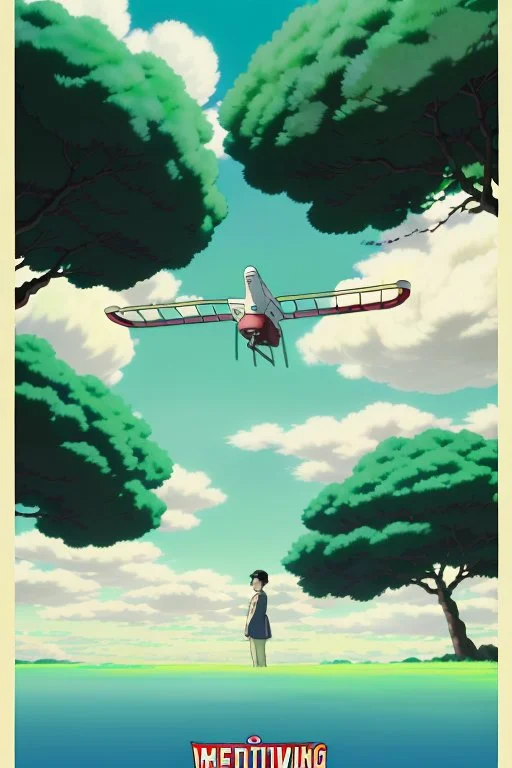 An intriguing poster featuring Yui and Toshi standing back-to-back, both holding farming tools, against a background of the glowing luminescent trees. AeroCorp's menacing drones are visible in the distance, casting ominous shadows. The film's title 'Whispering Winds' is prominently displayed at the top.