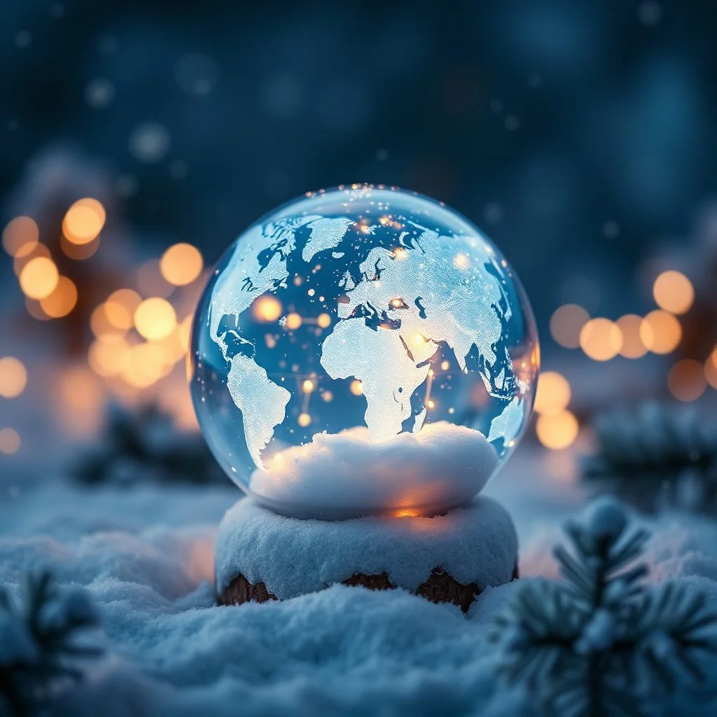 all World Map Globe xmas stunning crystal snowBall in Blue-white Colors and little warm lights inside and around, blur background with snowflakes , and pines, intricate details, beautifully shot, hyperrealistic, sharp focus, 64 megapixels, perfect composition