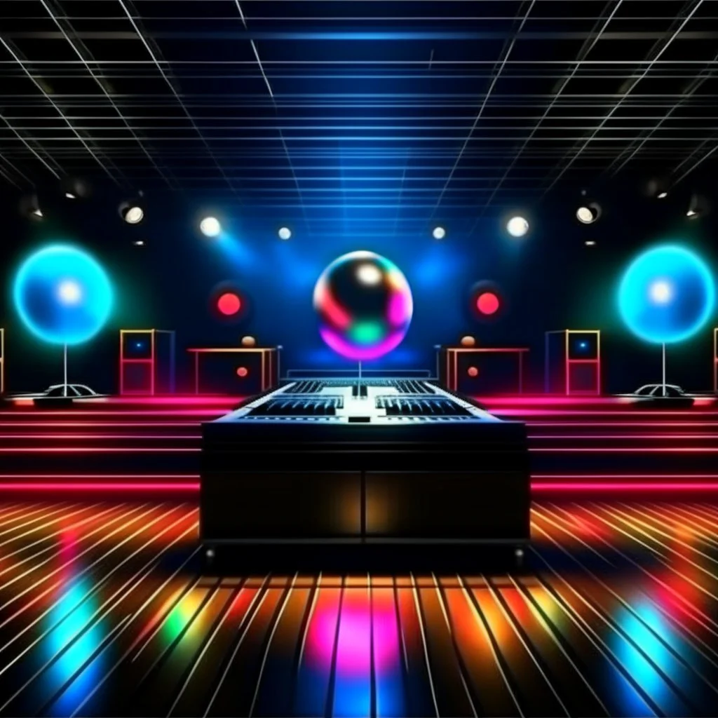 Dance hall ,dj play ,laser lights, disco ball, beard DJ play music with DJ desk, photorealism