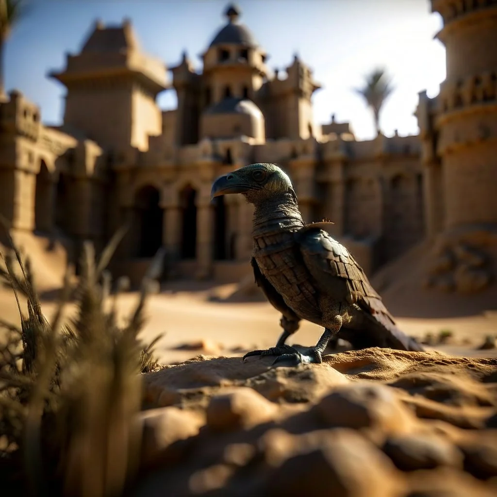 humanoid bird in castle in the desert, photo-realistic, shot on Hasselblad h6d-400c, zeiss prime lens, bokeh like f/0.8, tilt-shift lens 8k, high detail, smooth render, down-light, unreal engine, downlight