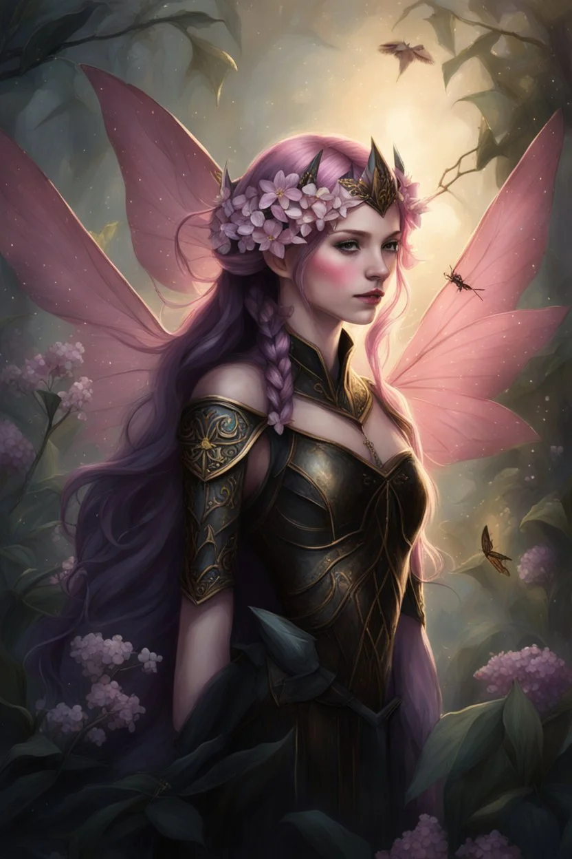 Pink,Hydrangea,orchids,lilies of the valley,night,pink hair,rapunzel hair,elven crown,dragonflies,pointed ears,elven ears,dark fairy princess,sparkle,,dark gold armour,fairy wings,pink