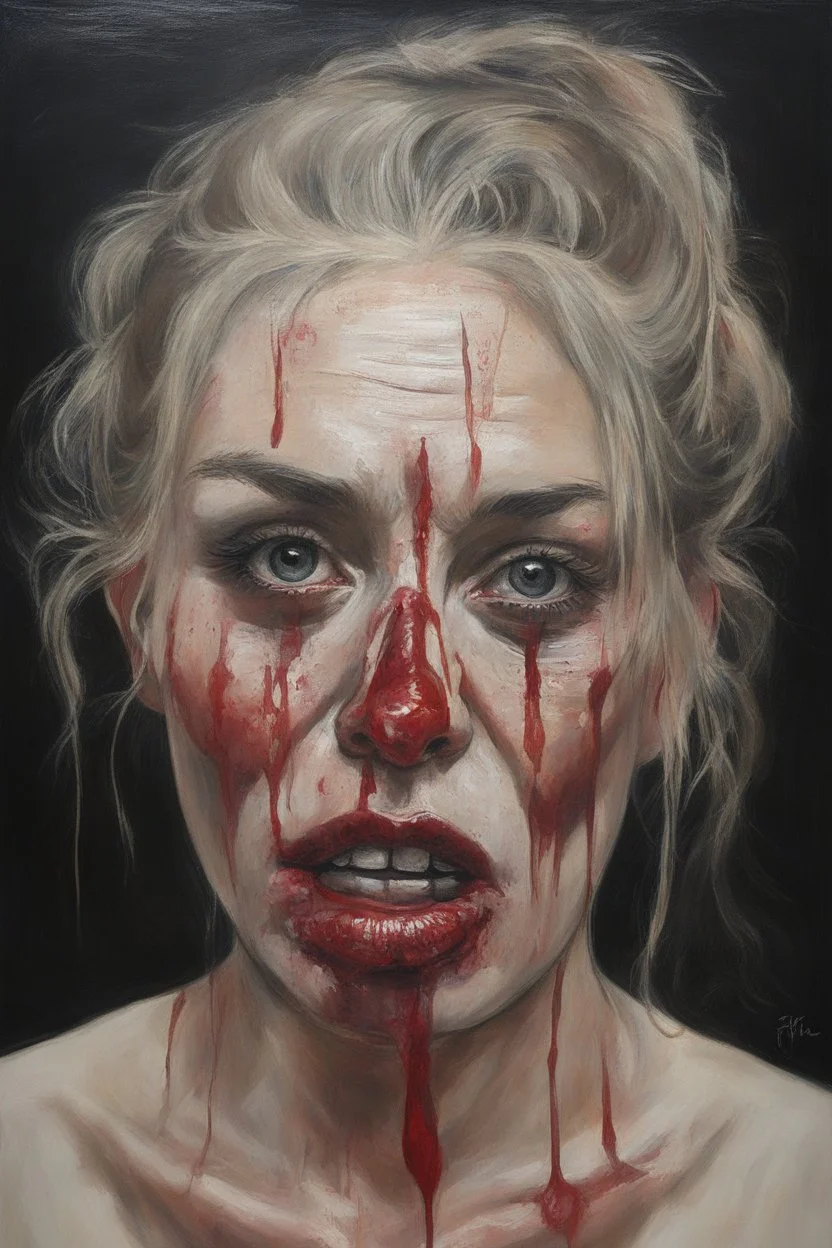 a portrait of an extremely ugly backwoods, inbred, female, hillbilly cannibal prostitute named Milee Cyris with a black eye and a fat lip and blood dripping from her mouth, oil painting by Zushia Zalarngo