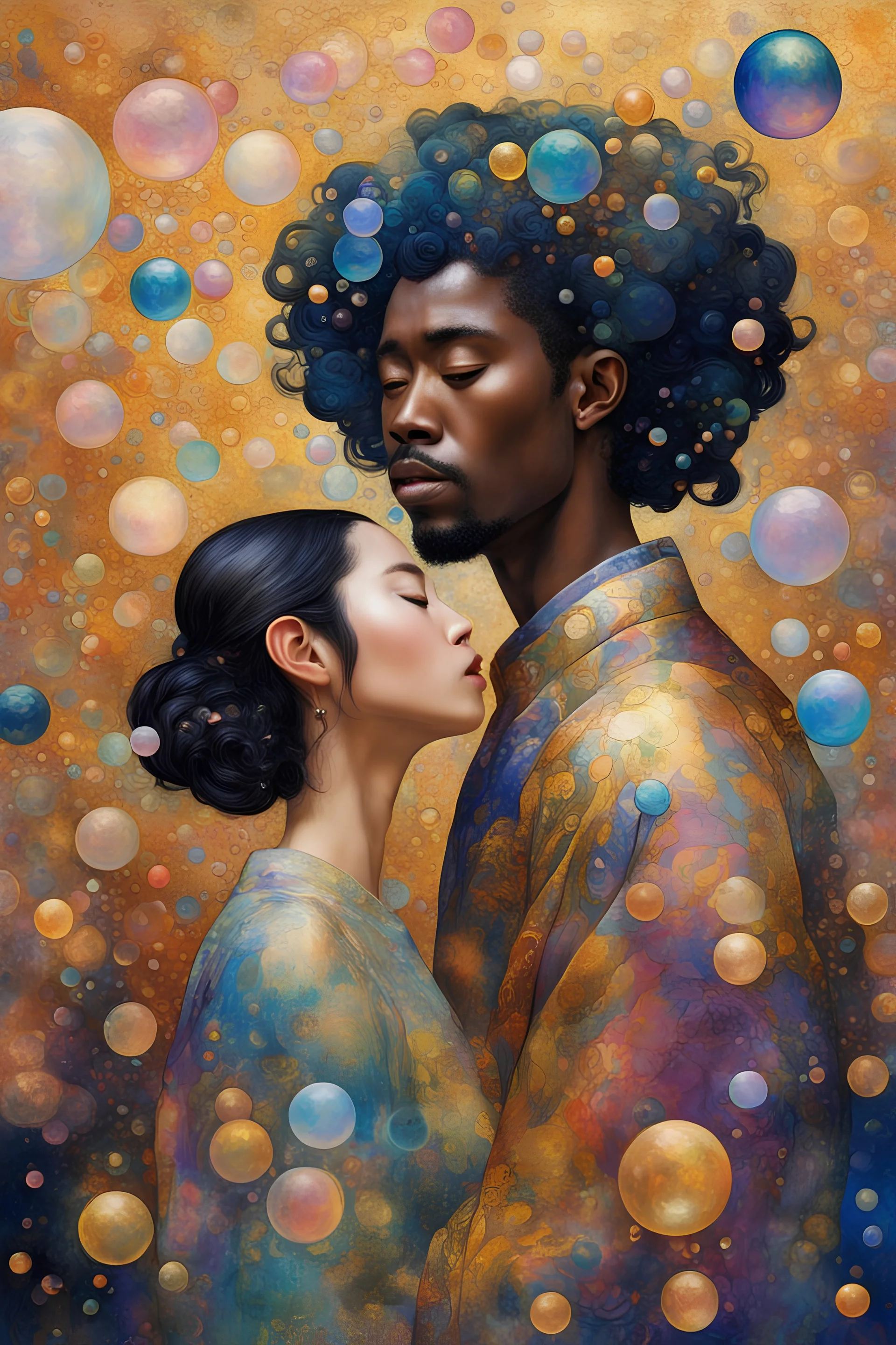 asian woman and black man in a world of bubbles, colorful, painterly, like a painting, mystical, wonder, mysterious, psychedelic art, gustav klimt style, gold leaf, romantic, art nouveau, celestial, cosmic, abstract geometry