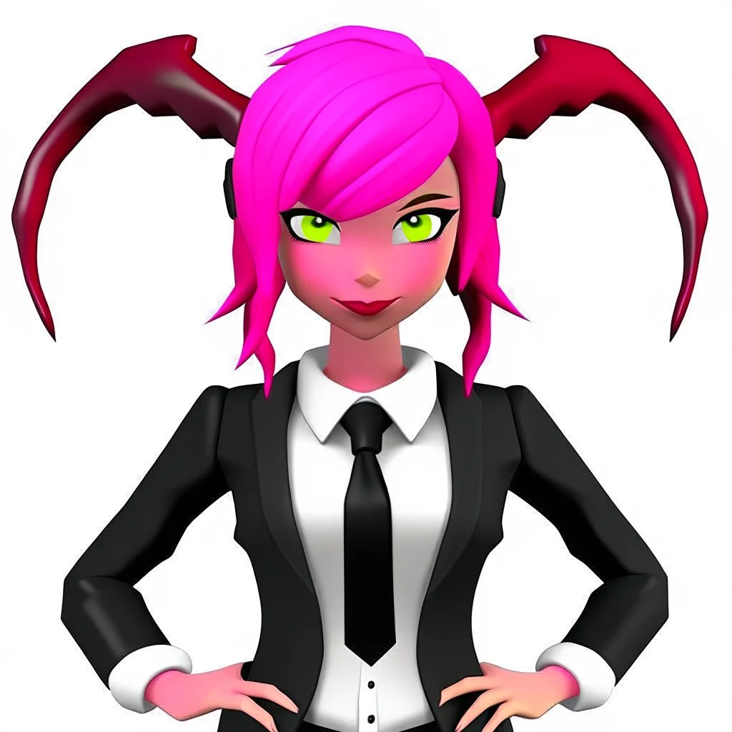 ROBLOX woman character pink hair with horns with white t-shirt and black tie