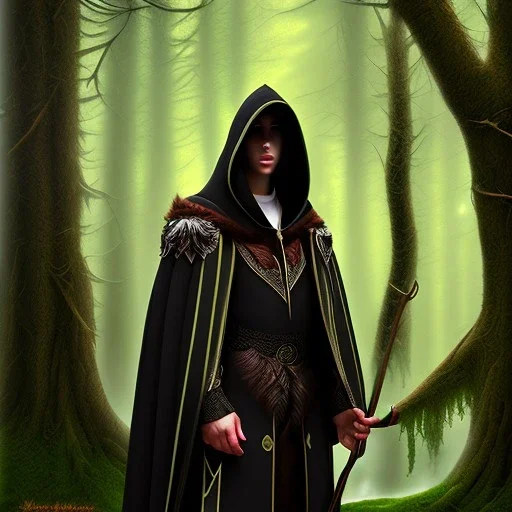 Male, Dark hair, Digital Art, Bow in hand, Hooded Cloak, Dark Forrest background