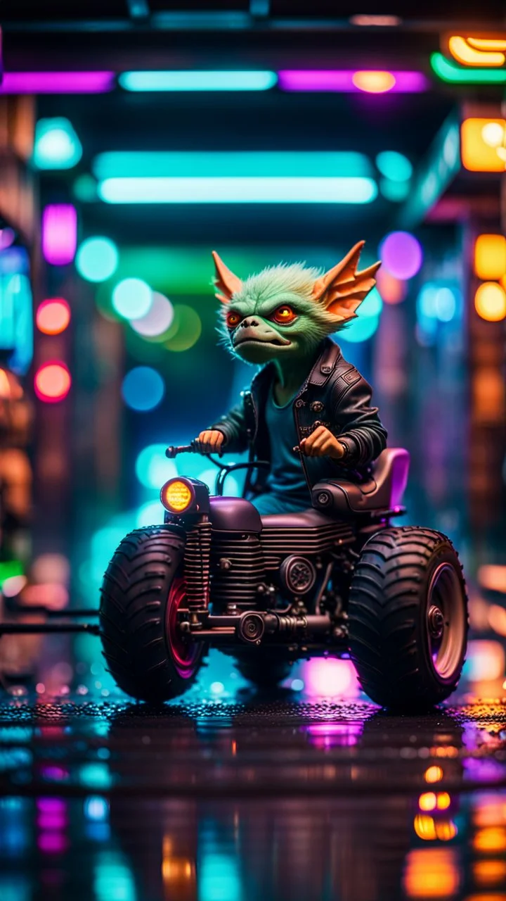 portrait of water wolf Gremlin myth buster pimp ninja yoga cyber punk in flying hipster lawn Harley Davidson tractor parked in dark neon lit reflective wet arcade hall tunnel,bokeh like f/0.8, tilt-shift lens 8k, high detail, smooth render, down-light, unreal engine, prize winning