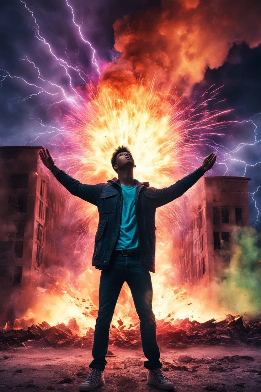 Young man standing, with arms raised, in front of a building that is exploding at night, with coloured auras and lightning around him