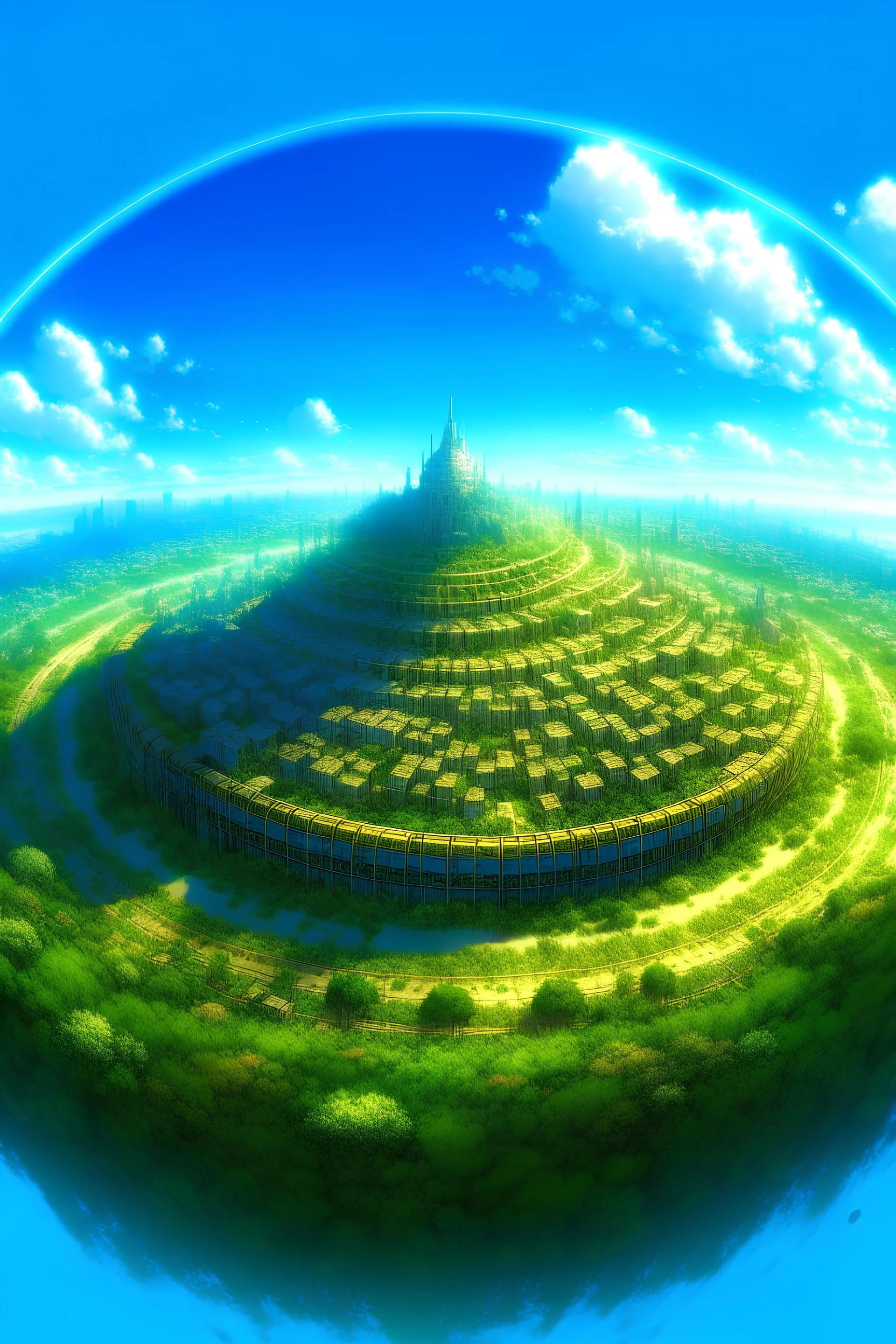 Wonderful and mythical circular city, landscape, greenery, blue sky, sun,